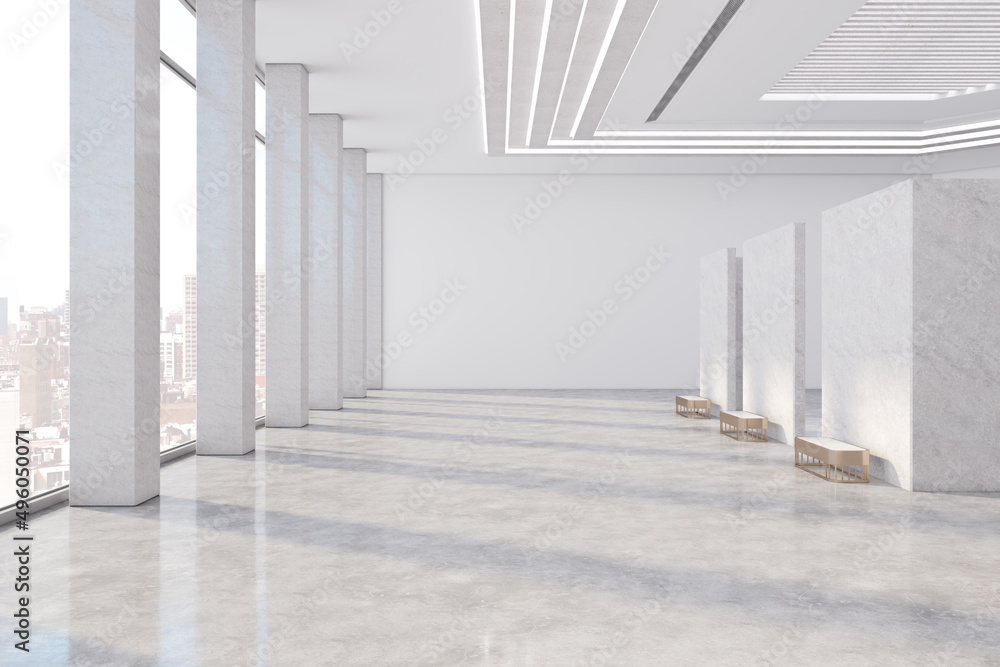 Poster Modern light concrete public gallery with window city view and empty mock up place for your advertisement. 3D Rendering.