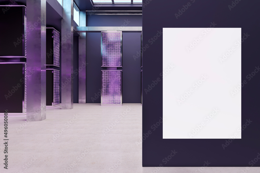 Aufkleber Modern purple server room interior with empty white mock up poster. Database and technology concept. 3D Rendering.