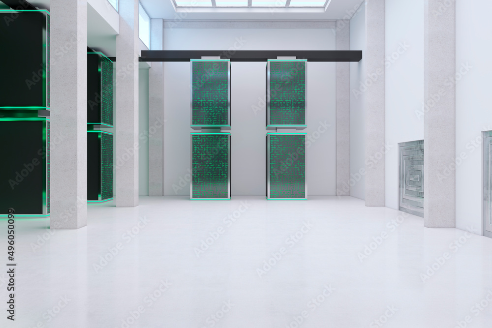 Aufkleber contemporary green server room interior. database and technology concept. 3d rendering.
