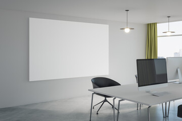 Modern concrete office interior with empty mock up place on white poster, furniture, equipment, window with city view and daylight. 3D Rendering.