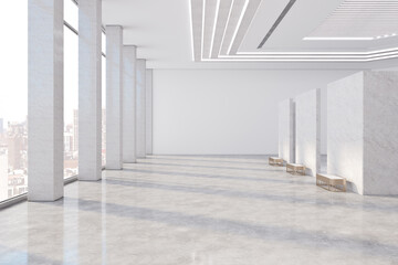 Fototapeta Modern light concrete public gallery with window city view and empty mock up place for your advertisement. 3D Rendering. obraz