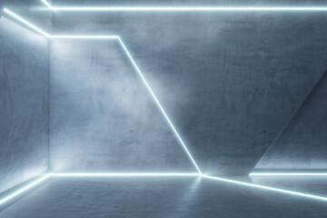Creative futuristic corridor interior wallpaper. Space ship and design concept. 3D Rendering.