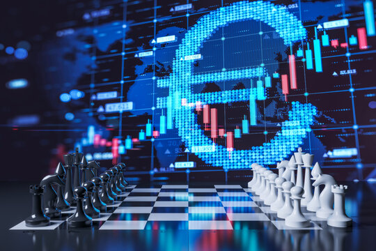 Abstract image with chessboard and growing digital euro forex chart on blue background. Strategy, politics and finance concept. 3D Rendering.