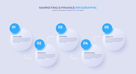 Business timeline chart template. Infographic 5 steps. Glass morphism effect. Vector illustration.