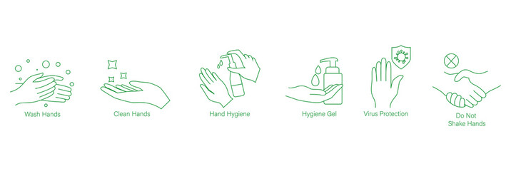 wash hands, clean hands, hand hygiene, hygiene gel, virus protection, do not shake hands, virus, and germ protection icon set vector illustration 