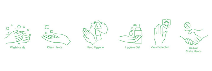 wash hands, clean hands, hand hygiene, hygiene gel, virus protection, do not shake hands, virus, and germ protection icon set vector illustration 