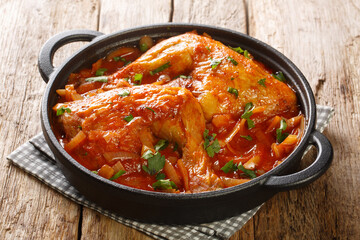Hot barbecue chicken with spicy onion tomato sauce close-up in a frying pan on the table. horizontal