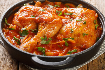 Baked chicken with onion tomato gravy close-up in a pan on the table. horizontal