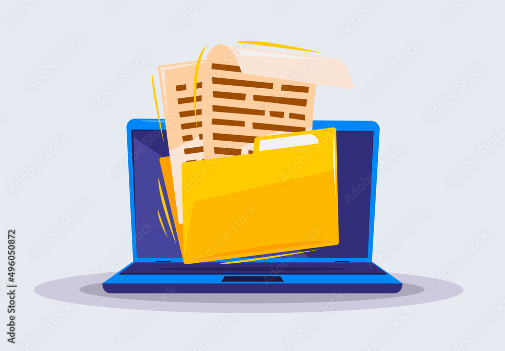 Poster vector illustration of a folder with documents on the background of an open laptop