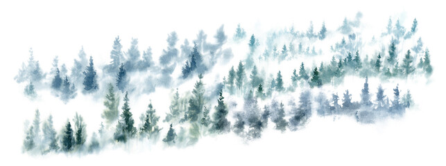 Watercolor background drawn landscape of foggy forest Wild nature, frozen, misty, taiga. Mountain slope foggy forest