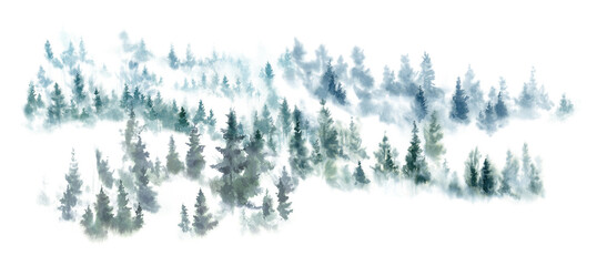 Watercolor background drawn landscape of foggy forest Wild nature, frozen, misty, taiga. Mountain slope foggy forest - 496050827