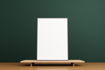 Minimalist and clean vertical black poster or photo frame mockup on the wooden table in living room