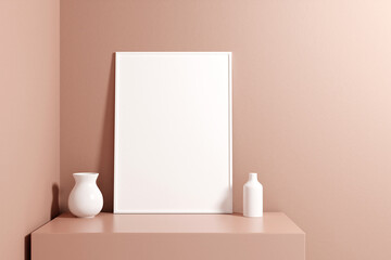 Minimalist and clean vertical white poster or photo frame mockup on the podium table