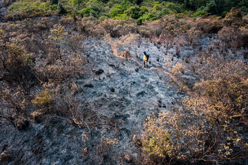After wildfire, man walking acroos the ash field, Sai Kung, Hong Kong, Asia