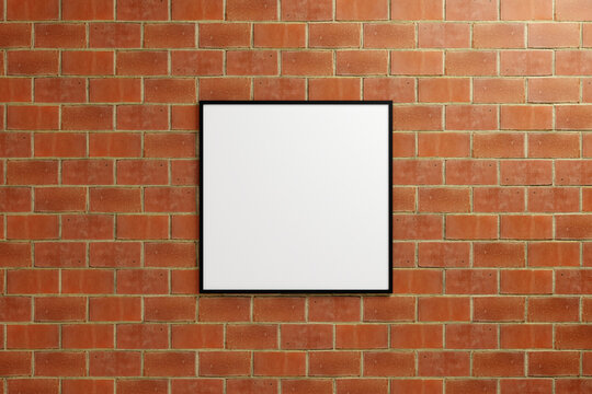 Minimalist hanging square black poster or photo frame mockup in brick wall