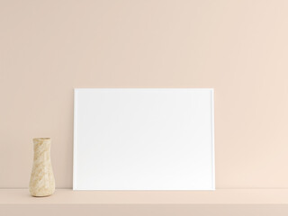 Customizable minimalist horizontal white poster or photo frame mockup on the podium table with vase