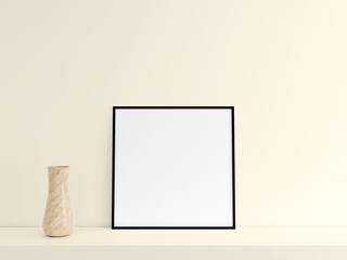 Customizable minimalist square black poster or photo frame mockup on the podium table with vase