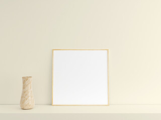Customizable minimalist square wood poster or photo frame mockup on the podium table with vase
