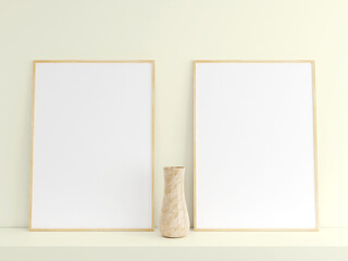 Customizable minimalist vertical wood poster or photo frame mockup on the podium table with vase