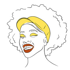 Line illustration of afro woman in yellow cap with red lips and yellow eyeshadows