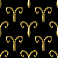 Seamless pattern of the golden Aries, the symbol of the Horoscope. Realistic zodiac sign, pseudo 3d. Vector illustration with imitation of shine and scuffs of metal, isolated on a black background.