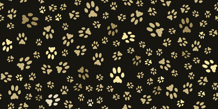 Pet footprints horizontal seamless pattern. Animal print. Gold prints of tracks of a cat, dog on a black background. Pet paw print silhouettes. Vector