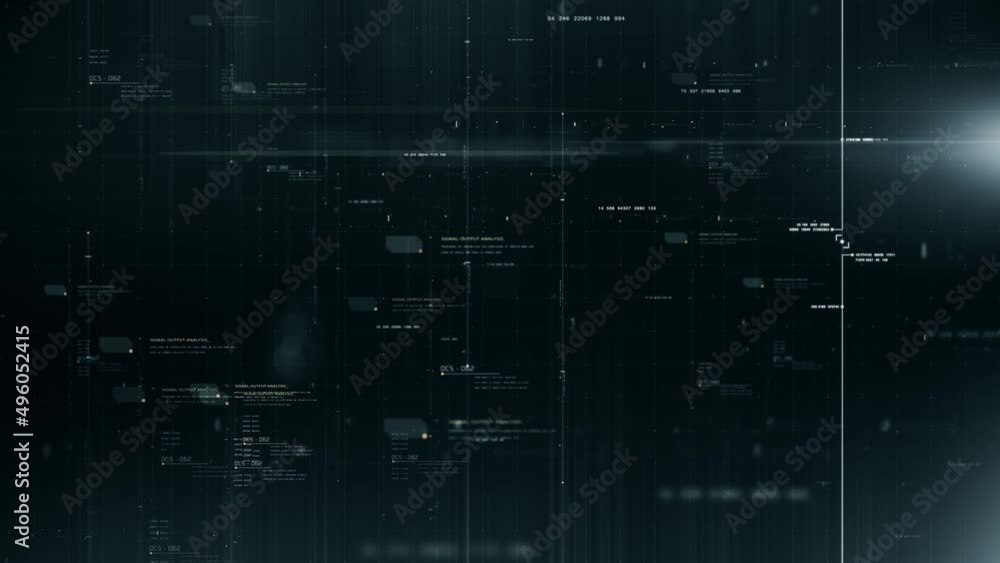 Aufkleber Futuristic abstract de-focus flowing data matrix, telemetry and encrypt numbers display with particles simulation for head up display in cyber space environment loop background