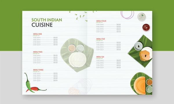 South Indian Cuisine Bi-Fold Brochure Menu Card With Top View Of Delicious Dishes For Publishing.