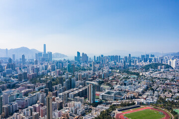 Fototapeta na wymiar aerial view of cityscape of kowloon, center of Hong Kong, asia