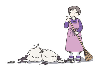 散らかされたゴミ捨て場を掃除するエプロン姿の女性D【カラー／壁なし】