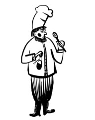 drawing picture of a young male cook in a cap with a ladle in his hand, sketch, hand drawn comic cartoon illustration
