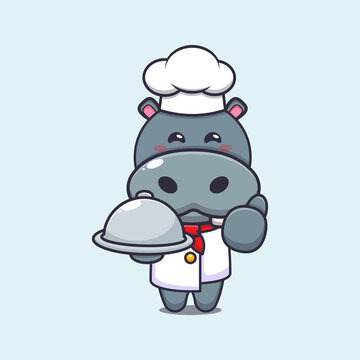 cute hippo chef mascot cartoon character with dish