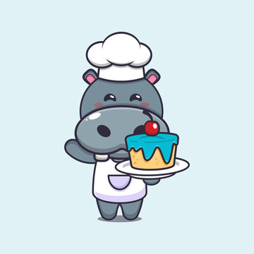cute hippo chef mascot cartoon character with cake