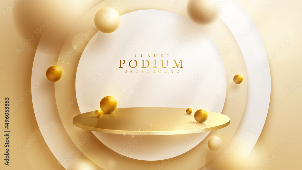 Poster luxury background with product display podium and 3d gold ball element and blur effect decoration an