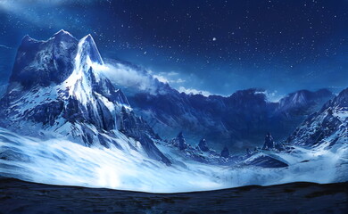 Fantastic Winter Epic Magical Landscape of Mountains. Frozen nature. Glacier in the mountains. Mystic Valley. Artistic oil painting. Artwork sketch. Gaming background. Book  Cover and Poster