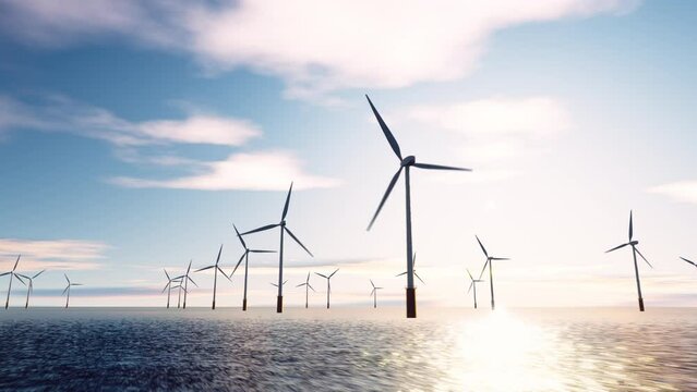 夕日で輝く海と風を受けて回る海上風力発電の風車 / 再生可能エネルギー・脱炭素社会のコンセプトイメージ / 3Dモーショングラフィックス