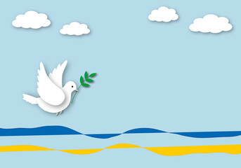 Paper white dove or pigeon carrying olive branch flying with Ukrainian flag on blue sky background. Concept for Peace and stop the war. space for the text. graphic illustration paper cut design style.