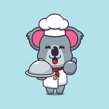 cute koala chef mascot cartoon character with dish