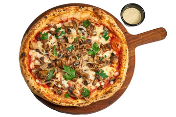 Oven pizza with chicken, mushrooms on board on white background.