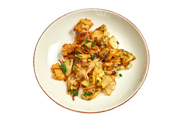 Fried potatoes and onions in a plate on a white background.
