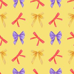 Watercolor seamless pattern bows. Decor knot satin ribbon. Festive decoration. Hand drawn illustration on yellow background.