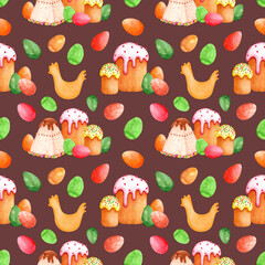 Watercolor Easter seamless pattern. Easter cake with cream, cottage cheese dessert and colored eggs. Festive sweet bread. Hand drawn illustration on a dark background.