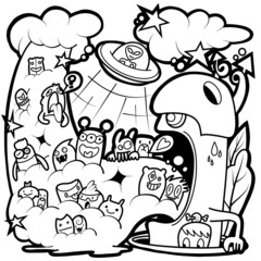Hand-drawn illustrations, monsters doodle, Hand Drawn cartoon monster illustration,Cartoon crowd doodle hand-drawn Doodle style.black and white stripes coloring