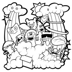 Hand-drawn illustrations, monsters doodle, Hand Drawn cartoon monster illustration,Cartoon crowd doodle hand-drawn Doodle style.black and white stripes coloring