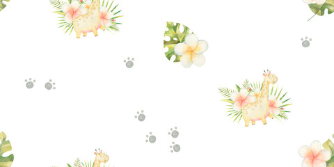 Obraz premium seamless pattern with giraffe, safari, cute childish watercolor illustration, print, design