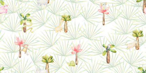 seamless pattern with tropical leaves and wild animals under palm trees, cute watercolor illustration isolated on white background