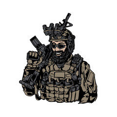 military soldier smiles and holds weapon, vector, logo, cartoon, mascot, character - obrazy, fototapety, plakaty