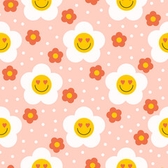 Retro  groovy seamless pattern with smiling flowers on a pastel background. Cute colorful trendy vector illustration in style 60s, 70s	
