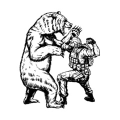 military soldier fighting with big angry bear, vector, logo, cartoon, mascot, character