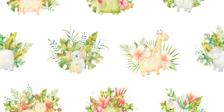 seamless pattern with wild animals, tropical with flowers and leaves, children's watercolor illustration, design, print